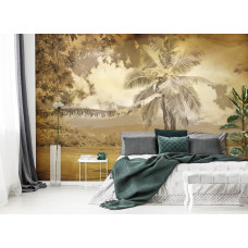 Eine Fototapete mit einer Vintage-Strandszene und Meerblick, geeignet für verschiedene Räume.