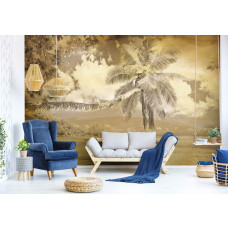 Eine Fototapete mit Palmen und Meer in einer Vintage-Einstellung für das Wohnzimmer.
