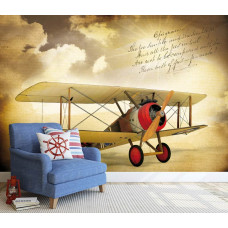 Eine Fototapete mit einem Doppeldecker-Flugzeug im Vintage-Look, ideal für ein nostalgisches Wohnzimmer.