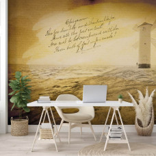 Eine Fototapete mit einem Vintage-Leuchtturm am Strand in einem alten Stil.