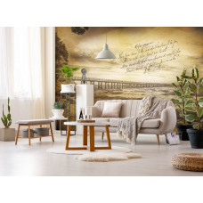 Eine Fototapete mit einem Vintage-Pier am Meer, ideal für ein rustikales Wohnzimmer.