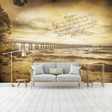 Eine Fototapete mit einem nostalgischen Pier und Meer, geeignet für das Schlafzimmer.