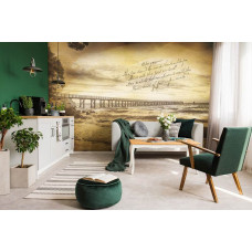 Eine Fototapete mit einem Pier in einer rustikalen Umgebung am Meer, geeignet für das Wohnzimmer.