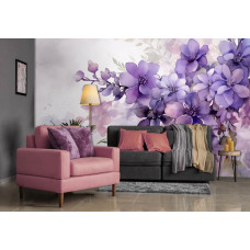 Fototapete mit violetten Blumen im Kunststil im Schlafzimmer und im Wohnzimmer.
