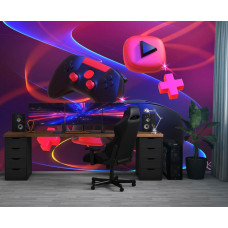 Fotobehang met een gamecontroller en VR-bril in neonkleuren, toegepast in een moderne gamekamer met een digitale sfeer.