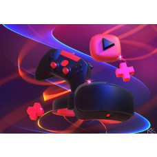 Fotobehang met neon roze en paarse kleuren waarop een gamecontroller en een VR-bril te zien zijn in een futuristische setting.