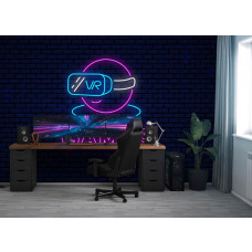 Fototapete Virtual Reality Games Neon in einem Spielzimmer mit VR-Headset im Neonstil und auffälligen pinkfarbenen Buchstaben vor dunklem Hintergrund.