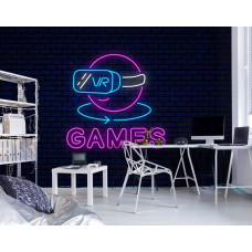 Fototapete Virtual Reality Games Neon in einem Spielzimmer mit verspieltem Neon-VR-Headset und farbenfrohem Text.