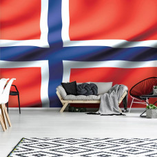 Eine Fototapete mit der norwegischen Flagge für das Wohnzimmer.