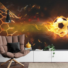 Eine Fototapete mit einer feurigen Fußball-Aktion, die Kraft und Geschwindigkeit ausstrahlt, in einem Kinderzimmer.