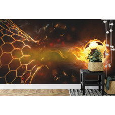 Eine Fototapete mit einer spektakulären Fußball-Aktion mit feurigen Effekten in einem Wohnzimmer.