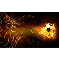 Fototapete eines flammenden Fußballs, der mit hoher Geschwindigkeit auf ein Tor zugeht, umgeben von feurigen Effekten.