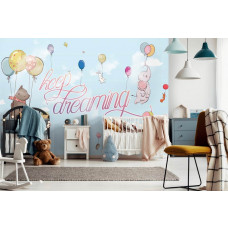 Eine Fototapete mit fliegenden Tieren mit Luftballons, darunter ein Elefant, Bär und Kaninchen, für das Kinderzimmer.