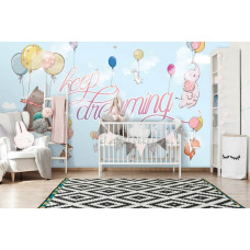 Eine Fototapete mit fliegenden Tieren mit Luftballons, darunter ein Elefant, Bär und Kaninchen.