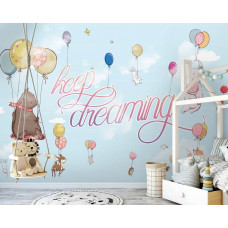 Eine Fototapete mit fliegenden Tieren mit Luftballons, darunter ein Elefant, Bär und Kaninchen, für das Mädchenzimmer.