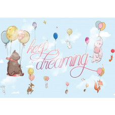 Fototapete mit fliegenden Tieren, Luftballons mit Elefant, Bär und Kaninchen, für das Kinderzimmer.