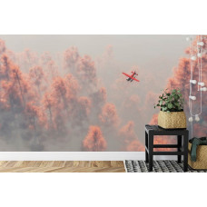Eine Fototapete mit einem stimmungsvollen Flugzeug über einem nebligen Kiefernwald, ideal für ein Schlafzimmer.