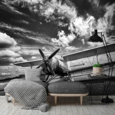 Eine schwarz-weiße Fototapete eines Flugzeugs für das Wohnzimmer.