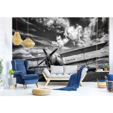 Eine schwarz-weiße Fototapete eines Flugzeugs für das Wohnzimmer.
