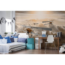 Eine Fototapete mit einem Doppeldecker in einer Wolkenlandschaft, perfekt für ein Kinderzimmer.