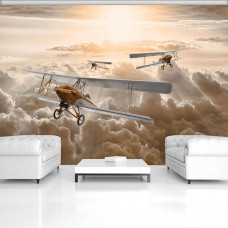 Eine Fototapete mit einem Flugzeug am Himmel, geeignet für das Wohnzimmer.