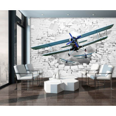 Eine Fototapete mit Flugzeugen durch eine Ziegelwand mit 3D-Effekten für das Wohnzimmer.