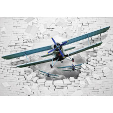 Fototapete mit Flugzeugen, die durch eine Wand mit 3D-Effekten und abstrakten Ziegeln brechen.