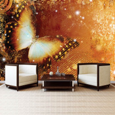 Eine Fototapete von einem abstrakten Schmetterling im Vintage-Kunststil in einem Wohnraum.