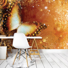 Eine Fototapete von einem abstrakten Schmetterling im Vintage-Kunststil in einem Arbeitszimmer.