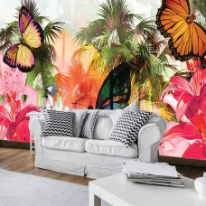 Fototapete mit einem abstrakten tropischen Schmetterling im Dschungel-Stil im Wohnzimmer.