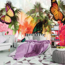 Fototapete mit einem abstrakten tropischen Schmetterling im Dschungel-Stil im Schlafzimmer.