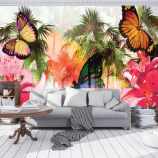 Fototapete mit einem abstrakten tropischen Schmetterling im Dschungel-Stil als Vliestapete für das Wohnzimmer.