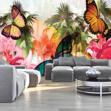 Fototapete mit einem abstrakten tropischen Schmetterling im Dschungel-Stil im Wohnzimmer.