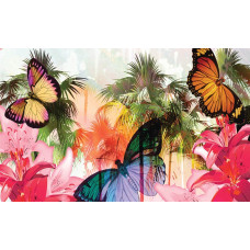 Fototapete mit einem Schmetterling in einer Dschungel-Umgebung, in einem abstrakten tropischen Design.