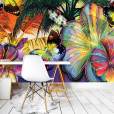 Eine Fototapete mit einem bunten Schmetterling und abstrakter Blumenkunst, sichtbar in einem Büro.