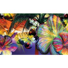 Ein bunter Schmetterling auf einem abstrakten Gemälde mit lebhaften Blumen, eine Fototapete, die eine künstlerische Atmosphäre hervorruft.