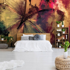 Eine Fototapete mit einem bunten Schmetterling in künstlerischer Malstil, geeignet für das Wohnzimmer oder Schlafzimmer.