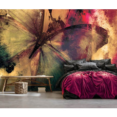 Eine Fototapete mit einem bunten Schmetterling in künstlerischer Malstil im Schlafzimmer.