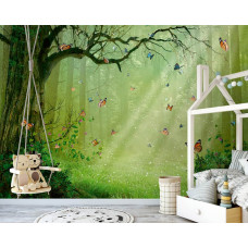 Fototapete Schmetterlinge im Märchenwald mit einem magischen Look im Babyzimmer.