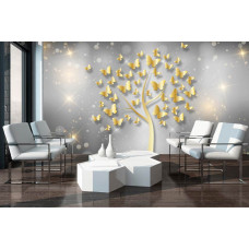 Eine Fototapete mit einem Baum voller glitzernder Schmetterlinge in einem abstrakten Kunststil.