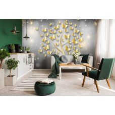 Eine Fototapete mit einem Baum voller Schmetterlinge, die in einem stimmungsvollen Wohnzimmer schimmern.