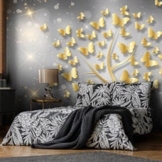 Eine Fototapete mit einem Baum voller Schmetterlinge in einem abstrakten Kunstdesign für ein Schlafzimmer.