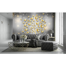 Eine Fototapete mit einem glitzernden Baum voller Schmetterlinge, ideal für ein Wohnzimmer.