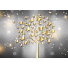 Schmetterlinge und ein Baum, die in einer abstrakten und künstlerischen Fototapete glitzernd dargestellt sind.