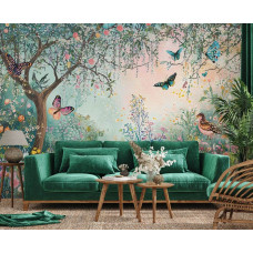 Fotobehang met een bloemenrijke vlindertuin en fladderende vlinders in een sfeervolle woonkamer.