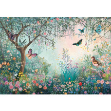 Fotobehang met kleurrijke bloemen en sierlijke vlinders in een levendige vlindertuin.