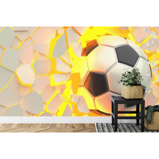 Eine Fototapete mit einem 3D-Design einer Fußballwand in einem Kinderzimmer.