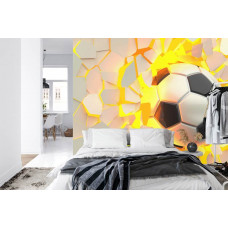 Eine Fototapete mit einem 3D-Design einer Fußballwand in einem Schlafzimmer.