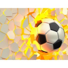 Eine 3D-Fototapete mit einem Fußball, der aus der Wand herauszukommen scheint und einen dynamischen und lebendigen Effekt erzeugt.