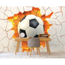 Fotobehang voetbal door de muur in kinderkamer met knallende 3D-voetbal en vurige kleuren.